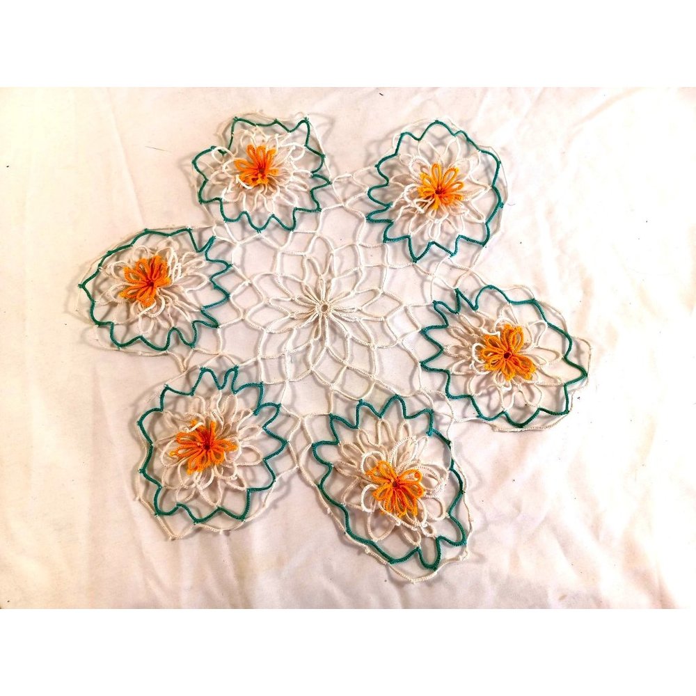 Vintage Grandmas Hand Crochet Doily 14" Handmade White Orange Green Table Topper